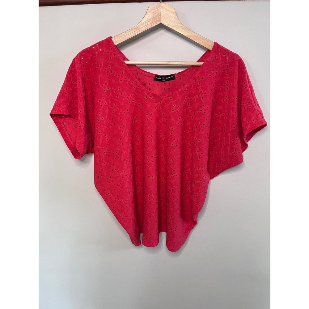 Kim & Cami Pink Eyelet Embroidery V-Neck Dolman Short Sleeve Top Medium